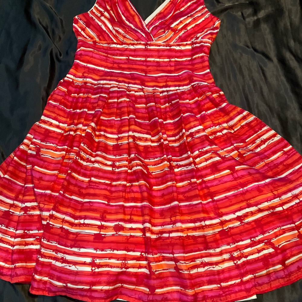 CMV Carmen Marc Valvo Vibrant Red Silk Striped Fit ‘n Flair Dress